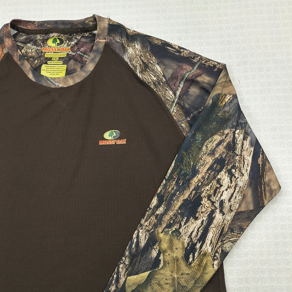 Mossy Oak Mens 2XL Brown Camo Raglan Waffle‎ Knit Performance Long Sleeve Shirt - Picture 4 of 11